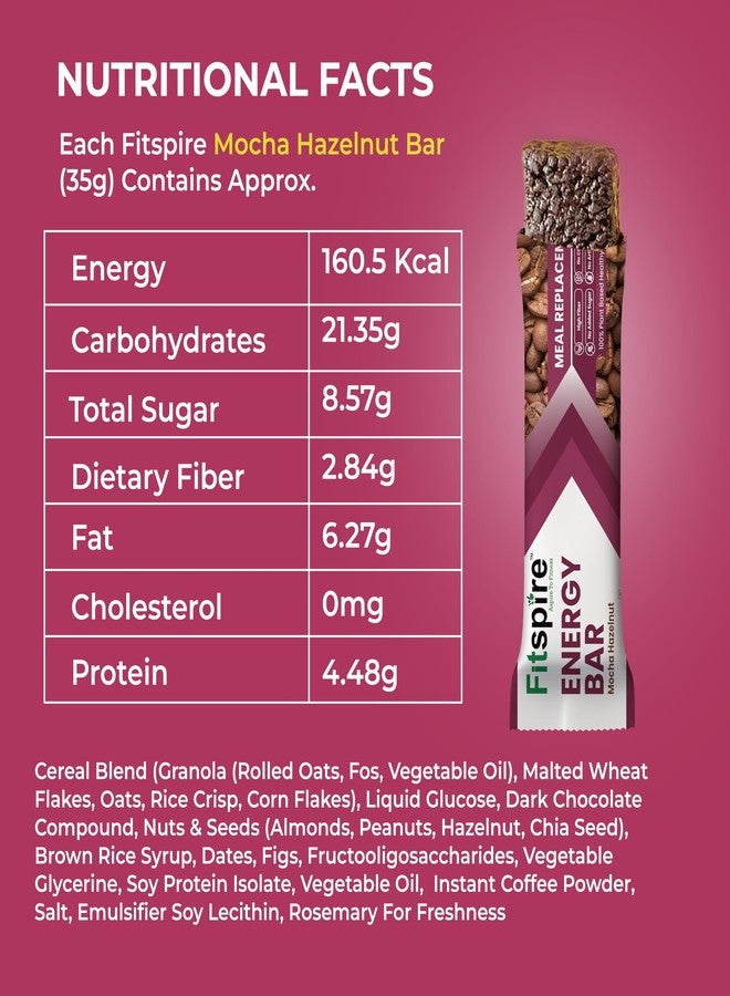 Fitspire Mocha Hazelnut Energy Bar, Pack of 12 Each 35g | Packed with Flakes, Nuts, Seeds & Oats | High Protein & Fibre Crunchy Granola Bars | 100% Plant-Based | With Almonds, Hazelnut & Chia Seeds - Image 2