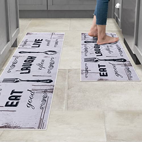 Carvapet 2 Piece Kitchen Rug Set Non-Slip Mats for Kitchen, Laundry or Entryway — Motto Design Blush White, 17"x48" Runner + 17"x24" Mat - Image 5
