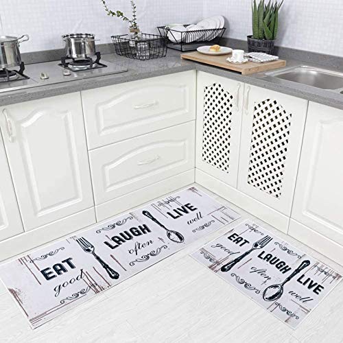 Carvapet 2 Piece Kitchen Rug Set Non-Slip Mats for Kitchen, Laundry or Entryway — Motto Design Blush White, 17"x48" Runner + 17"x24" Mat - Image 1