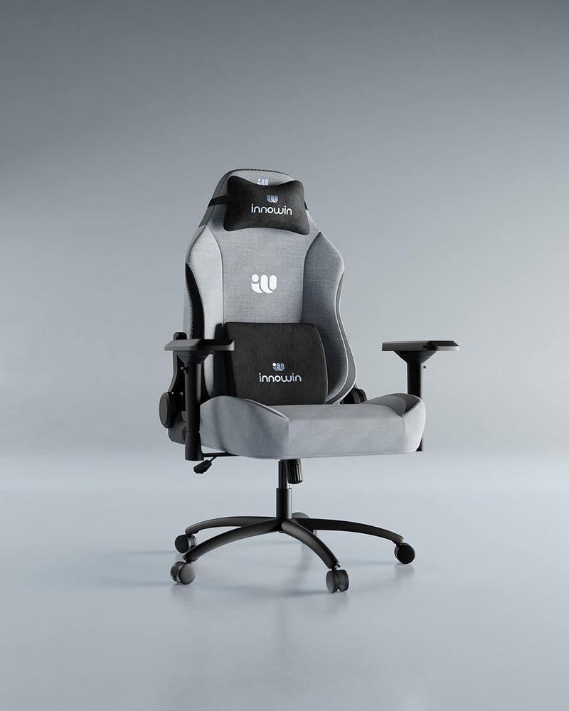 INNOWIN INNOWIN Luna Gaming Chair Ultimate Ergonomic Multi Functional Gaming Chair with 4D Adjustable Arms 180 Tilt Butterfly Mechanism with Cooling Fabric Headrest Lumbar Support Grey and Black 
