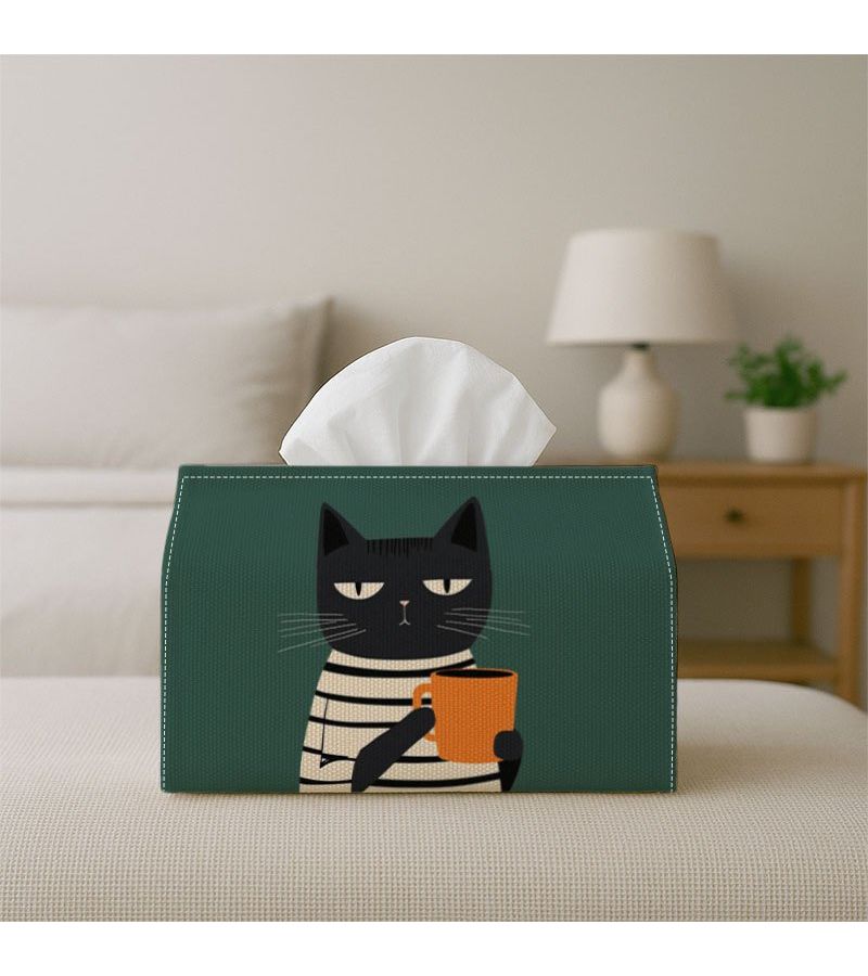 1 PC Minimalist Contemporary Artwork Stylish Tissue Box Black Cat Reading on Dark Green 7 X 4.3 X 5.1 Inches Tissue Organizer for Home Events Vehicle Kitchen Bathroom Party Essentials Home Decor Holiday Decorations - Image 5