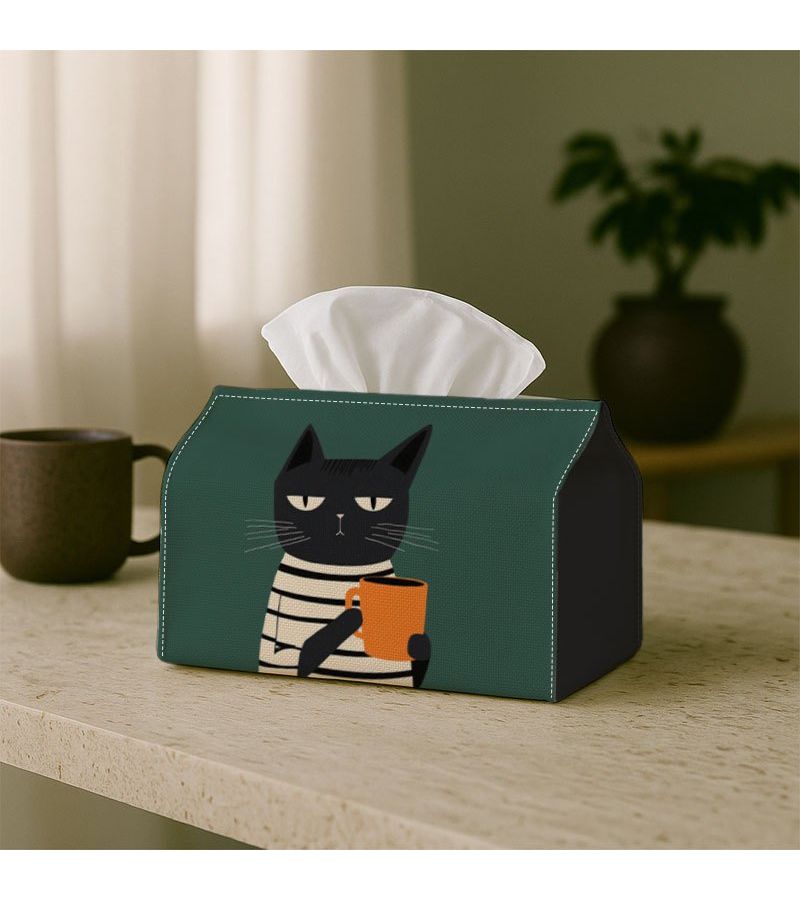 1 PC Minimalist Contemporary Artwork Stylish Tissue Box Black Cat Reading on Dark Green 7 X 4.3 X 5.1 Inches Tissue Organizer for Home Events Vehicle Kitchen Bathroom Party Essentials Home Decor Holiday Decorations - Image 2