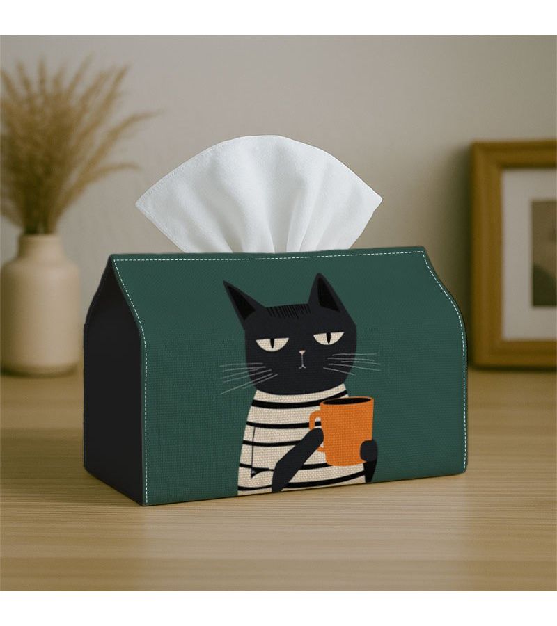 1 PC Minimalist Contemporary Artwork Stylish Tissue Box Black Cat Reading on Dark Green 7 X 4.3 X 5.1 Inches Tissue Organizer for Home Events Vehicle Kitchen Bathroom Party Essentials Home Decor Holiday Decorations - Image 4