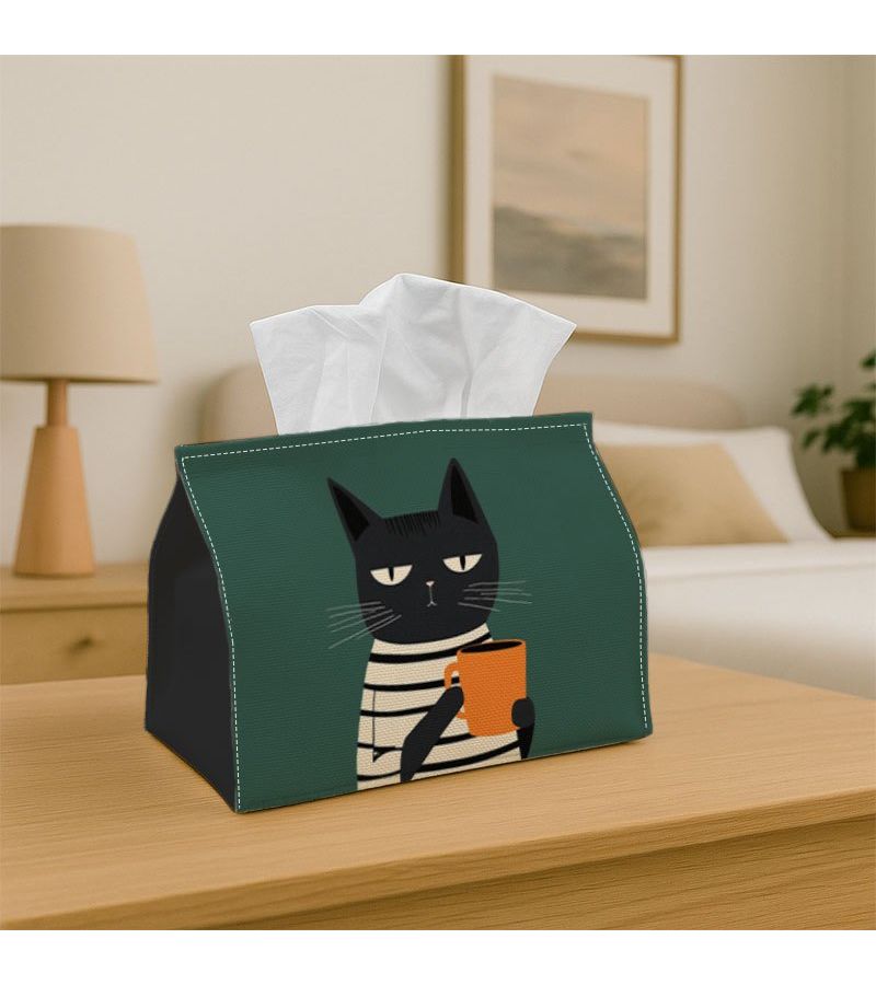 1 PC Minimalist Contemporary Artwork Stylish Tissue Box Black Cat Reading on Dark Green 7 X 4.3 X 5.1 Inches Tissue Organizer for Home Events Vehicle Kitchen Bathroom Party Essentials Home Decor Holiday Decorations - Image 1