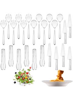 Lanties Lanties 24 Pcs Plastic Serving Utensils Set Disposable Utensils Includes 18 Pcs Serving Spoons Forks Tongs and 6 Pcs Plastic Cake Server for Birthday Party Buffet Cutlery for Serving Food (Clear)  - Image 1