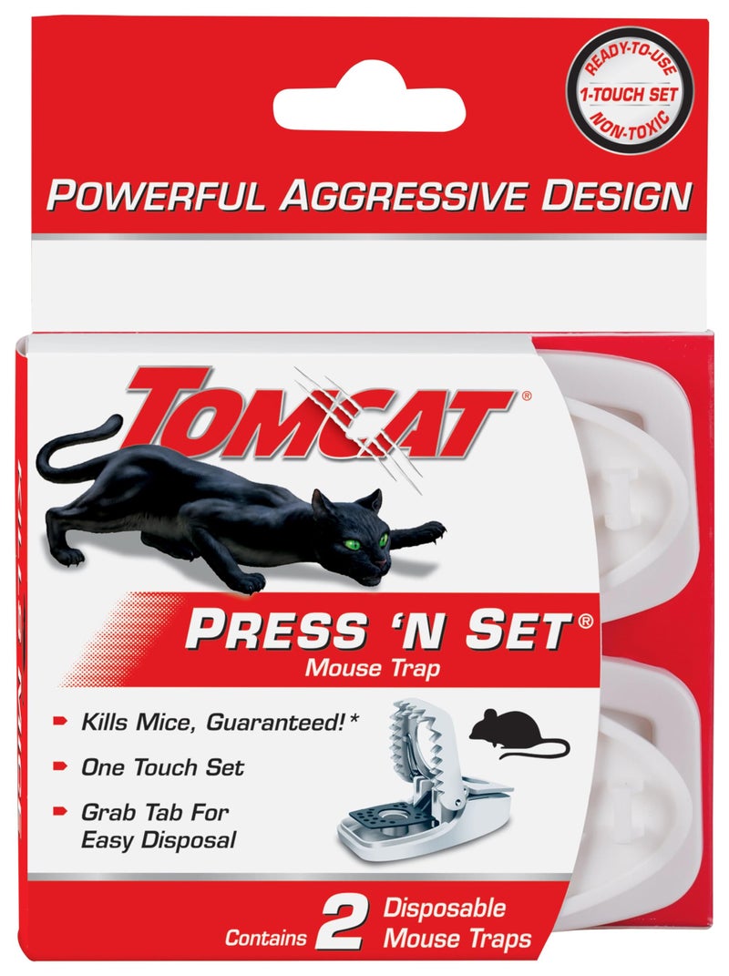 Tomcat Press 'N Set Mouse Trap, Plastic, Spring-Loaded Mouse Killer with Grab-Tab, 2 Traps - Image 1