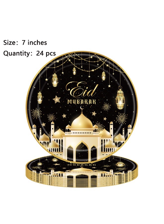 Ramadan Kareem Party Tableware Set For 24 Guests,170 Pieces, Gold and Black, Disposable Plates and Cups, Eid Mubarak Theme - Image 3