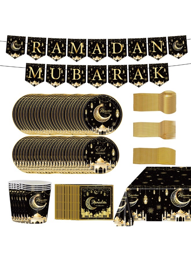 Ramadan Kareem Party Tableware Set For 24 Guests,170 Pieces, Gold and Black, Disposable Plates and Cups, Eid Mubarak Theme - Image 1