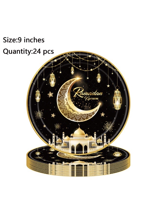 Ramadan Kareem Party Tableware Set For 24 Guests,170 Pieces, Gold and Black, Disposable Plates and Cups, Eid Mubarak Theme - Image 4