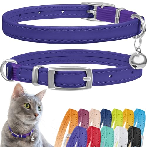 CollarDirect Leather Cat Collar, Kitten Collar with Removable Bell Black Blue Red Orange Lime Green (6-7 Inch, Purple) - Image 1