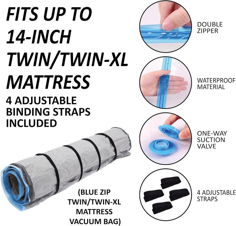 Storage Logic Twin/Twin-XL Foam Mattress Vacuum Bag with Blue Zipper, Vacuum Seal Mattress Bag, Straps Included - Image 3