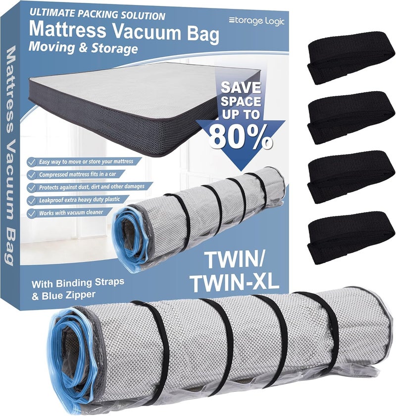 Storage Logic Twin/Twin-XL Foam Mattress Vacuum Bag with Blue Zipper, Vacuum Seal Mattress Bag, Straps Included - Image 1