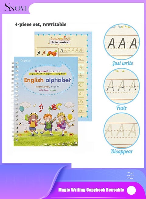 (4 Practice Books With Pen)Magic Ink Copybooks For Kids Reusable Handwriting Workbooks For Preschools Grooves Template Design And Handwriting Practice Book For Kids