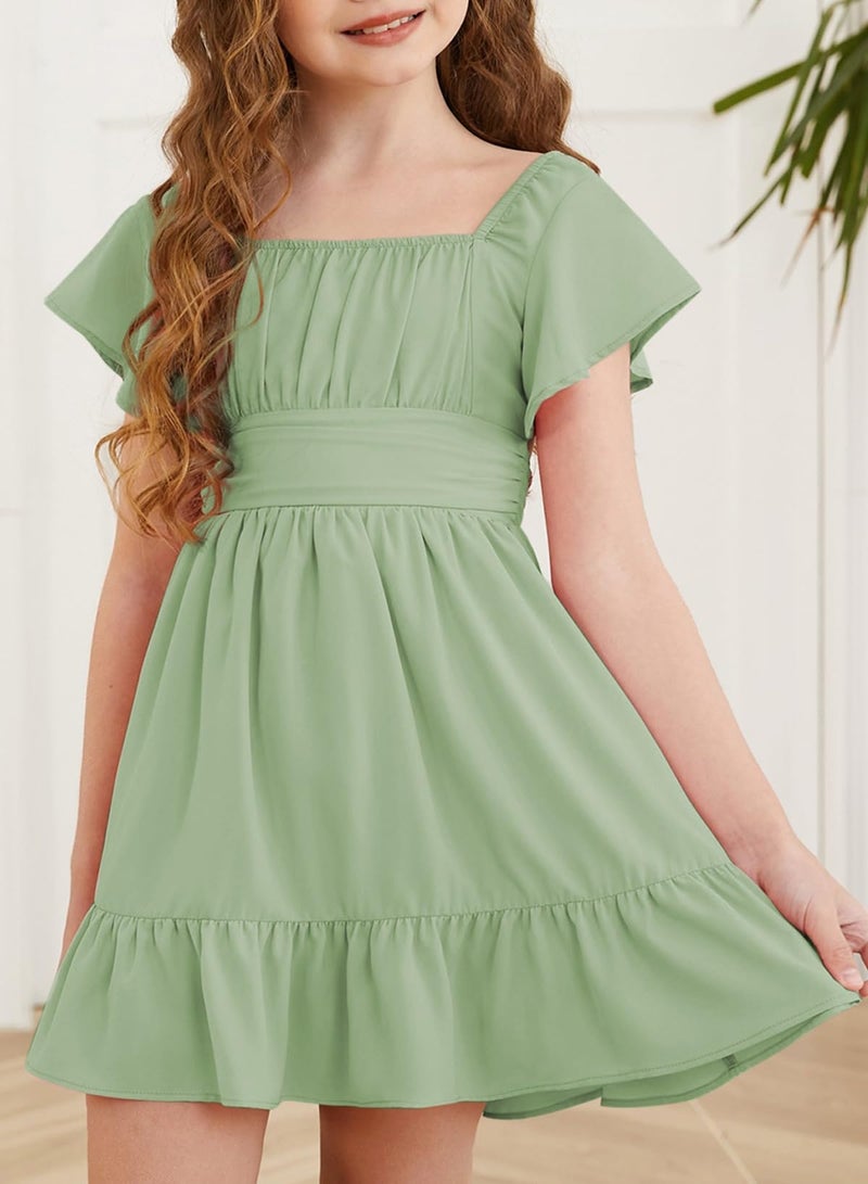 blibean Girls Summer Tie Back Dress Tween Kids Casual Boho Cold Shoulder Cute Dresses Ruffle Beach Clothing Short Sleeve Tulle Vestidos NiÃ±as Size 10-11 Years Old Olive Green - Image 2