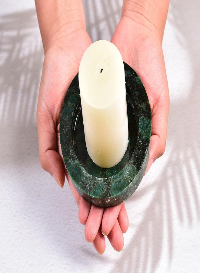 AMOYSTONE Natural Green Candle Holder 4" Round Plate for Pillar Candles with Healing Energy, Polished Emerald Stone Coaster & Jewelry Tray for Home Office Desk Decor - Image 3