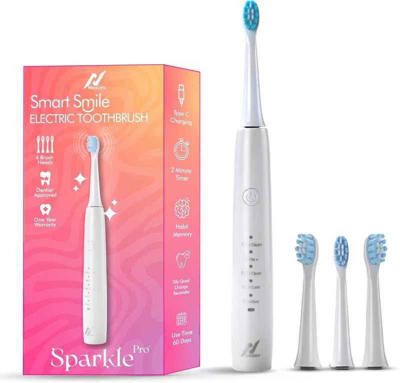 nexlev Sparkle Pro Electric Toothbrush | 4 Replaceable Brushheads With Cover | 30000 vibrations/minute | For Men & Women | Super soft Bristles | IPX7 Waterproof | Universal Type C charging | ETC-04 WH - Image 1