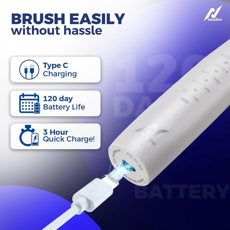 nexlev Sparkle Pro Electric Toothbrush | 4 Replaceable Brushheads With Cover | 30000 vibrations/minute | For Men & Women | Super soft Bristles | IPX7 Waterproof | Universal Type C charging | ETC-04 WH - Image 4