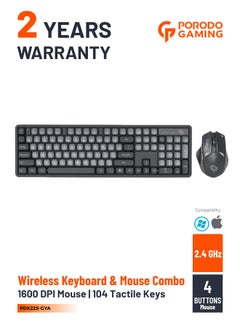 porodo 2.4Ghz Wireless Keyboard with 1600 DPI Mouse Combo / keyboard with 104 Tactile Keys and Arabic Keys / Mouse with Gaming Design / Plug & Play - Grey/A  - Image 1