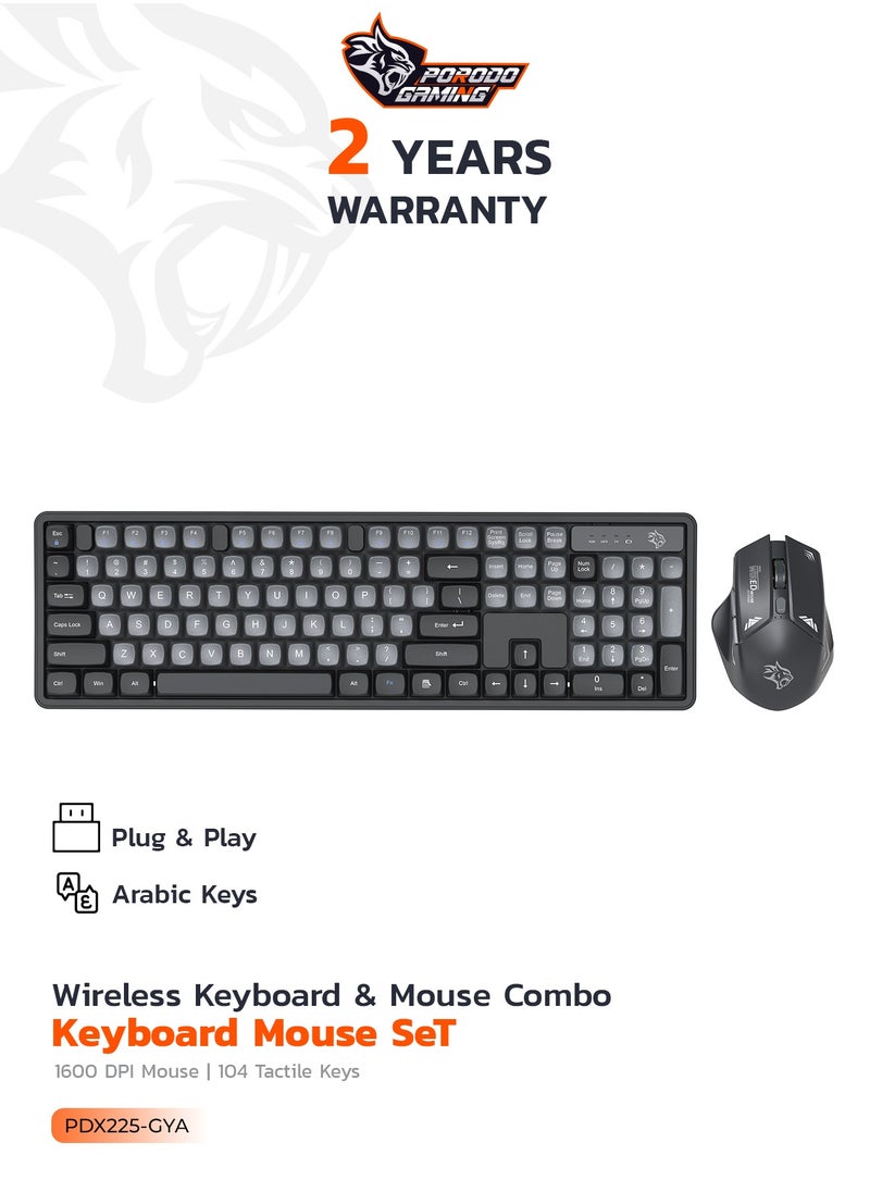 porodo 2.4Ghz Wireless Keyboard with 1600 DPI Mouse Combo / keyboard with 104 Tactile Keys and Arabic Keys / Mouse with Gaming Design /Set Keyboard and Mouse / Plug & Play - Grey/A  - Image 1