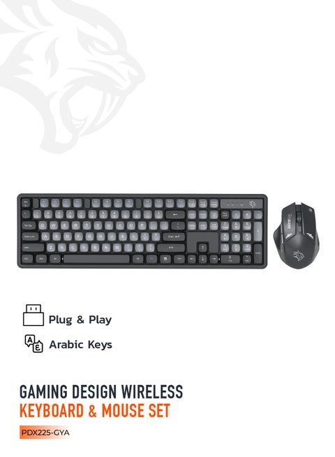 2.4Ghz Wireless Keyboard with 1600 DPI Mouse Combo / keyboard with 104 Tactile Keys and Arabic Keys / Mouse with Gaming Design /Set Keyboard and Mouse / Plug & Play - Grey/A