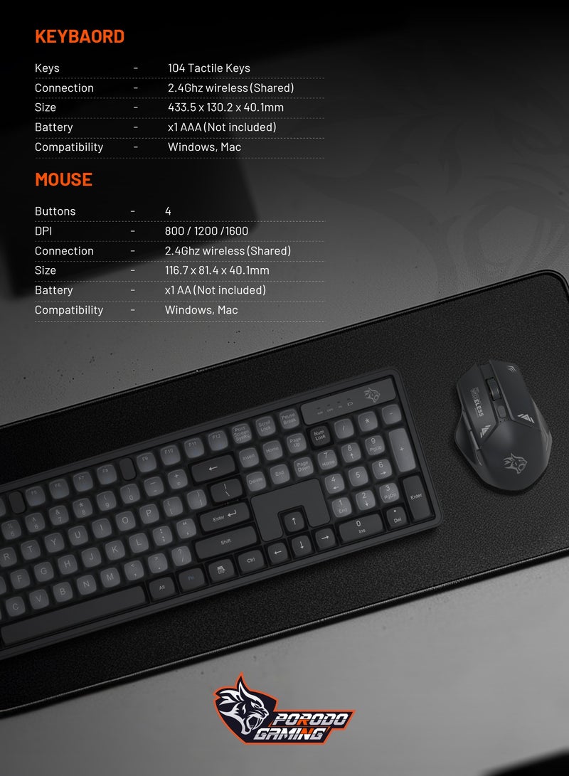 2.4Ghz Wireless Keyboard with 1600 DPI Mouse Combo / keyboard with 104 Tactile Keys and Arabic Keys / Mouse with Gaming Design /Set Keyboard and Mouse / Plug & Play - Grey/A
