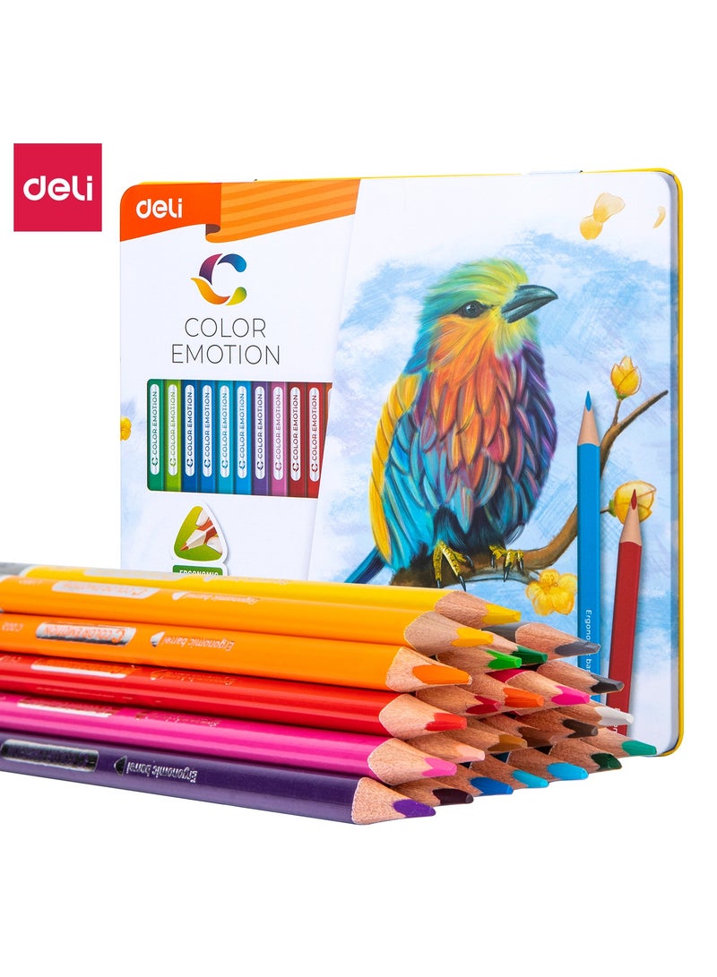 Deli EC00225 COLOR EMOTION 24-Color Triangular Pencils – 2.9mm Poplar Core, Pre-Sharpened, Metal Storage Box – Ideal for Beginners & Kids - Image 1