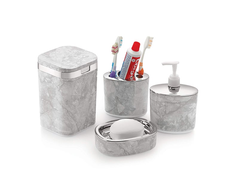 Liza Opal 4 PCS Bathroom Assesories Set Toothbrush Holder Soap Dish Soap Dispenser Dustbin (Set of 4, Grey, Opal, Polystyrene) - Image 2