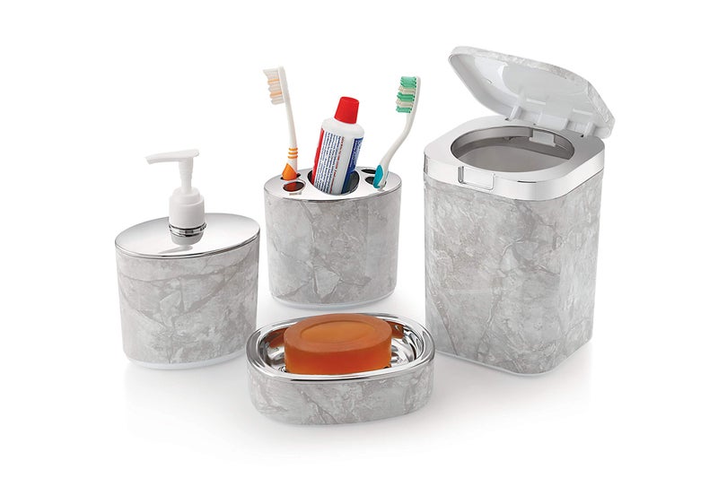 Liza Opal 4 PCS Bathroom Assesories Set Toothbrush Holder Soap Dish Soap Dispenser Dustbin (Set of 4, Grey, Opal, Polystyrene) - Image 4