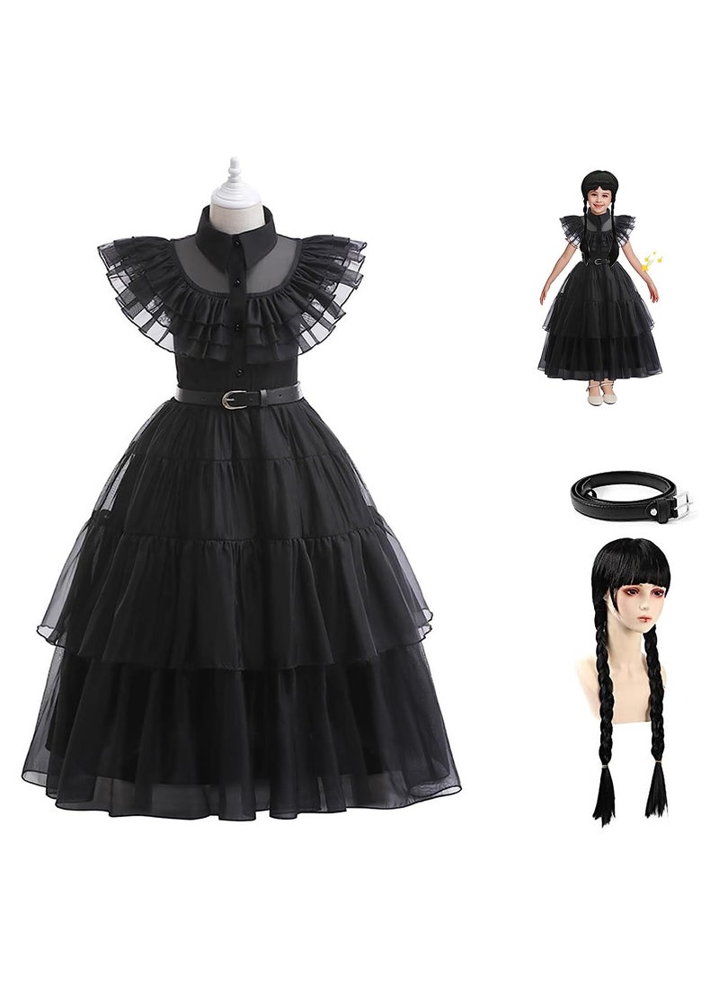 GGEROU Wednesday Addams Costume Girls Wednesday Addams Raven Dance Dress Adult Addams Dress Up Outfits with Wigs Belt  - Image 1