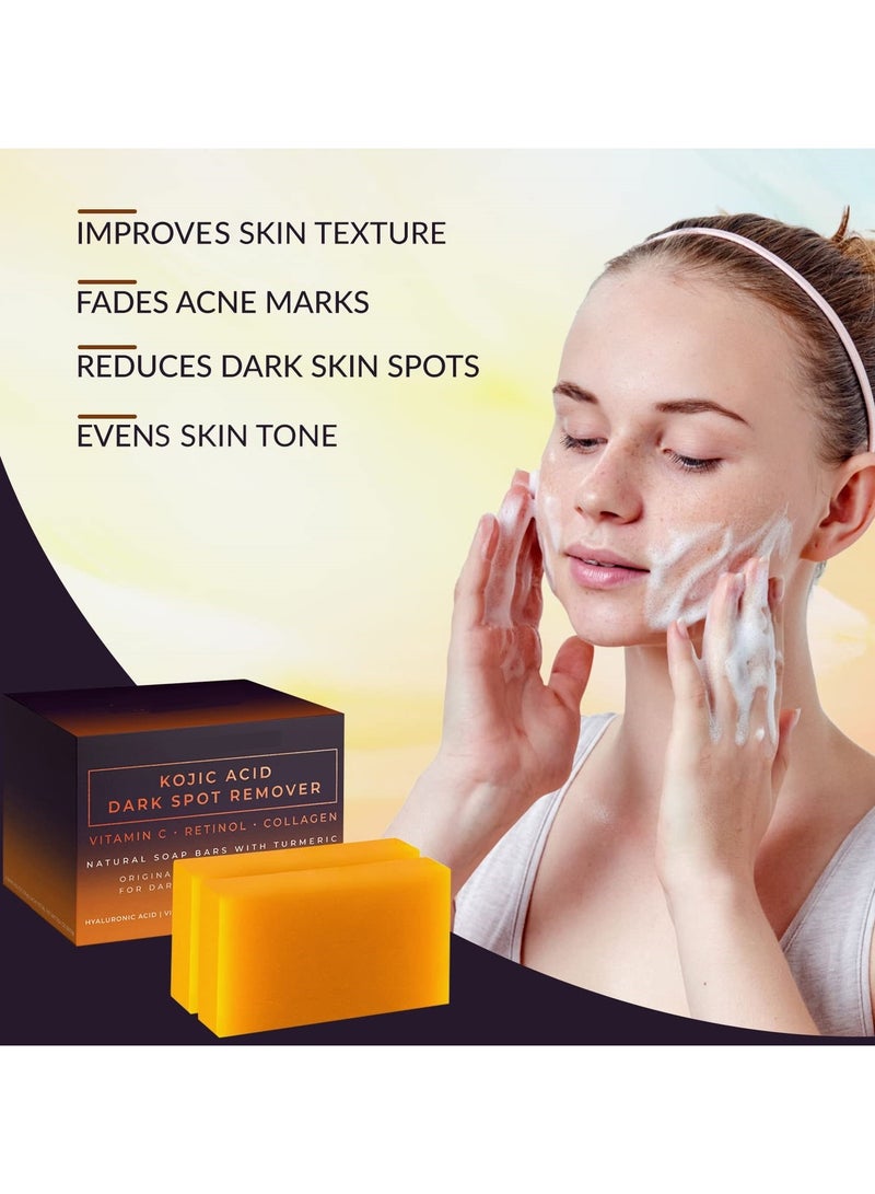 حمض الكوجيك صابون كوجيك، مزيل البقع الداكنة بحمض كوجيك، صابون طبيعي بالكركم مع فيتامين C، ريتينو، كولاجين لتفتيح فرط التصبغ - مركب ياباني أصلي مضاف له حمض الهيالورونيك، فيتامين E، زبدة الشيا وزيت الزيتون كاستيل للحصول على لون بشرة موحد وأكثر إشراقًا، للوجه والجسم (عبوتان)  - Image 4