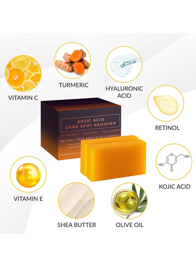 حمض الكوجيك صابون كوجيك، مزيل البقع الداكنة بحمض كوجيك، صابون طبيعي بالكركم مع فيتامين C، ريتينو، كولاجين لتفتيح فرط التصبغ - مركب ياباني أصلي مضاف له حمض الهيالورونيك، فيتامين E، زبدة الشيا وزيت الزيتون كاستيل للحصول على لون بشرة موحد وأكثر إشراقًا، للوجه والجسم (عبوتان)  - Image 3