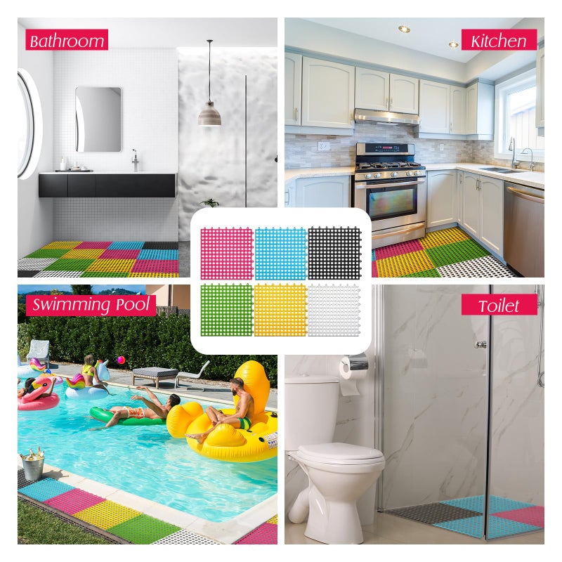 Tinideya 60 Pcs Drainage Tiles Interlocking Floor Tiles 11.8'' x 11.8'' Soft TPE Pool Floor Mat with Drain Holes Non Slip Drainage Mat Vented Floor Mats for Kitchen Bathroom Basement Deck, 6 Colors - Image 3