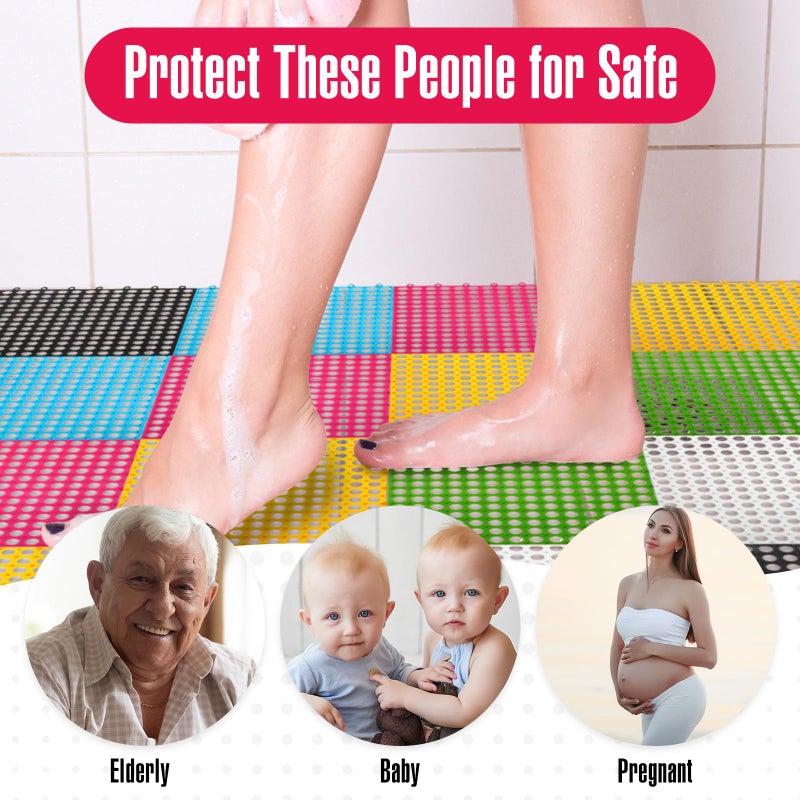 Tinideya 60 Pcs Drainage Tiles Interlocking Floor Tiles 11.8'' x 11.8'' Soft TPE Pool Floor Mat with Drain Holes Non Slip Drainage Mat Vented Floor Mats for Kitchen Bathroom Basement Deck, 6 Colors - Image 2