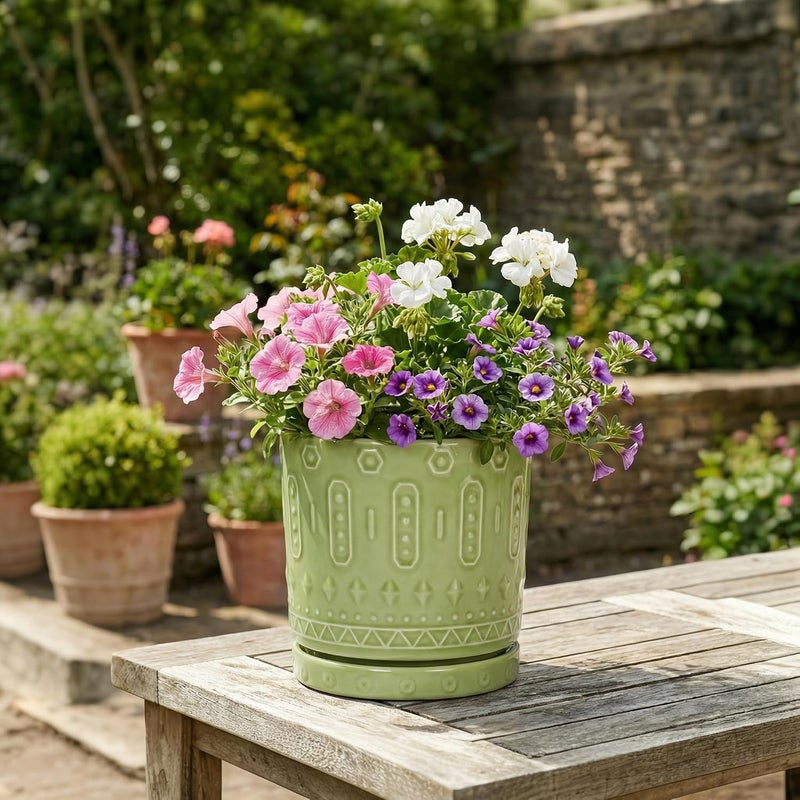 Eightpot Ceramic Flower Pots, 6 Inch Planter for Indoor Plants Outdoor, Round Pots for Plants with Drainage Hole and Tray, Modern Decorative Plant Pot, Bathroom Decor, Green - Image 3