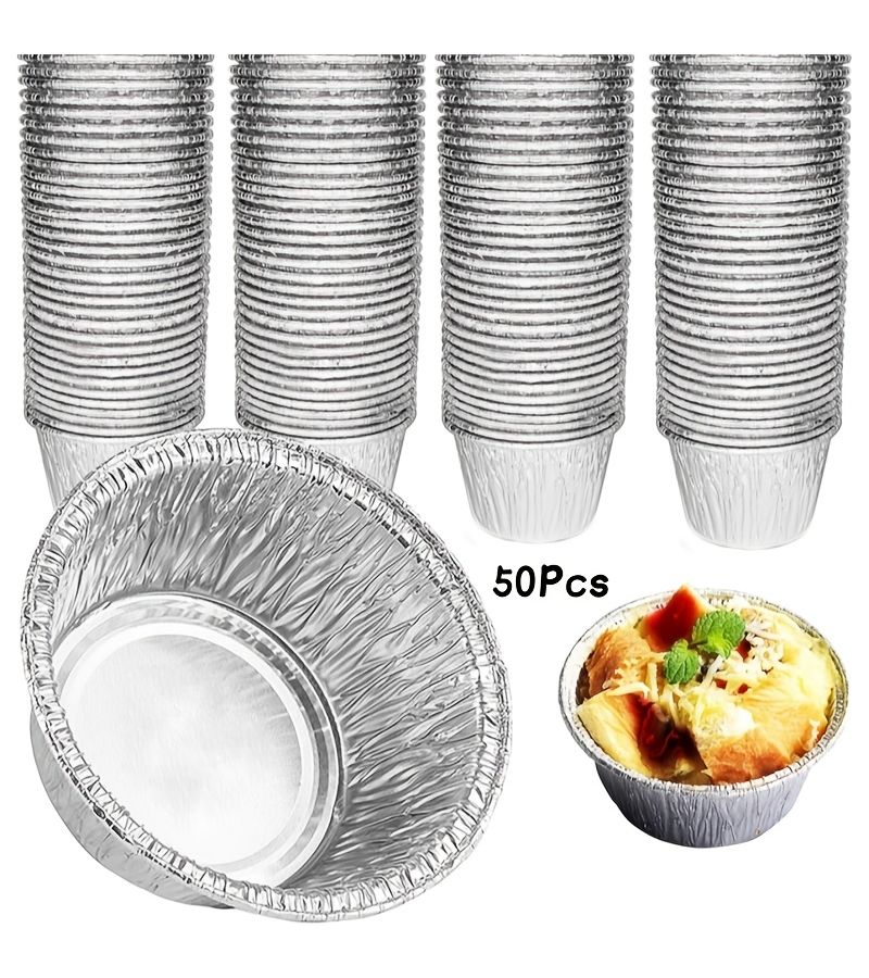 50 Round Mini Foil Tin Cups 4oz Aluminum Pans Leakproof for Oven Air Fryer - Image 1