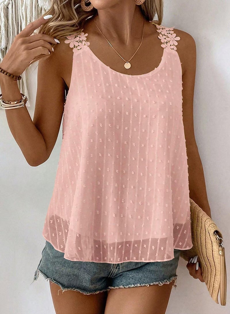 Falechay Spaghetti Strap Tank Top Trendy Crew Neck Sleeveless Smocked Tops Women Boho Business Dressy Casual Shirts Summer Flowy Lace Crochet Light Pink Ruffle Blouses Spring Fashion 2026 M - Image 4