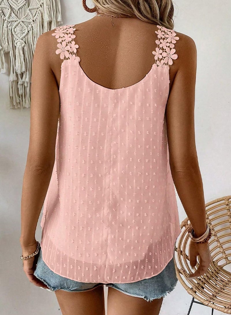 Falechay Spaghetti Strap Tank Top Trendy Crew Neck Sleeveless Smocked Tops Women Boho Business Dressy Casual Shirts Summer Flowy Lace Crochet Light Pink Ruffle Blouses Spring Fashion 2026 M - Image 3