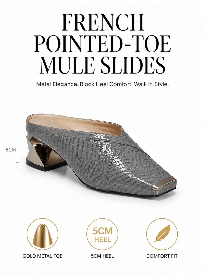 Women’s French-style sandals, elegant metallic-effect sandals, 5cm mid-heel sandals, stylish chunky-heeled commuter sandals, summer closed-toe flip-flops, grey - Image 1
