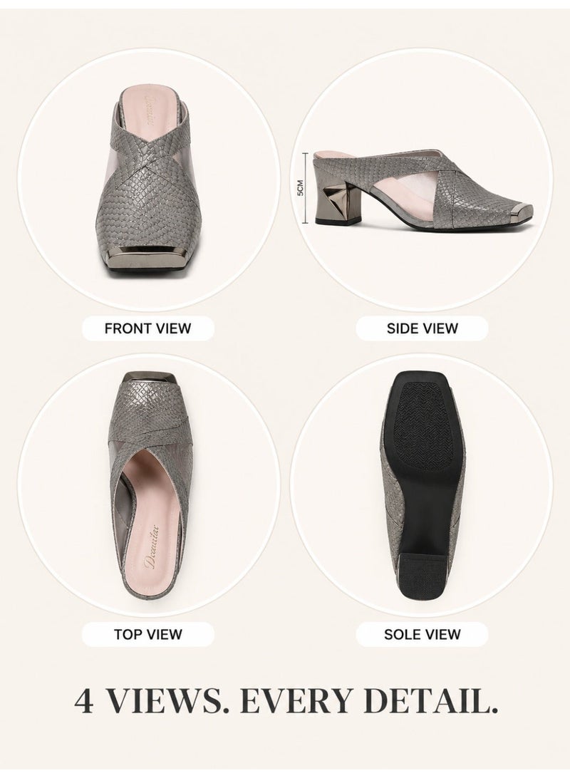 Women’s French-style sandals, elegant metallic-effect sandals, 5cm mid-heel sandals, stylish chunky-heeled commuter sandals, summer closed-toe flip-flops, grey - Image 2