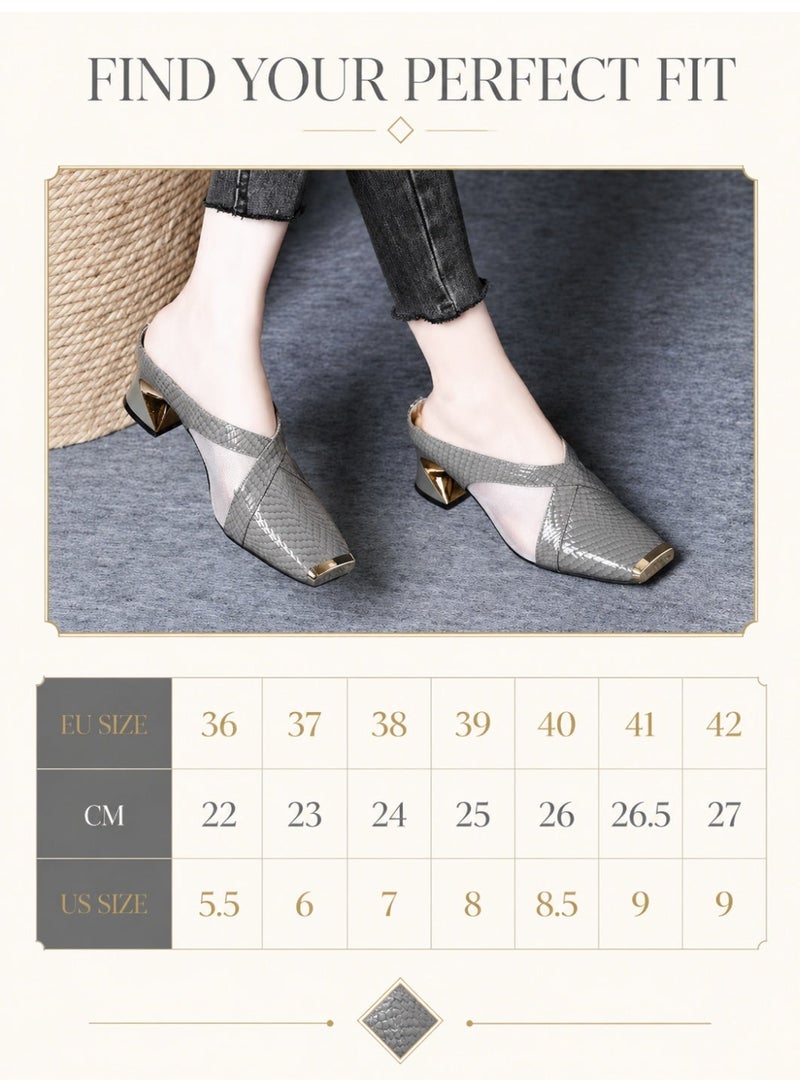 Women’s French-style sandals, elegant metallic-effect sandals, 5cm mid-heel sandals, stylish chunky-heeled commuter sandals, summer closed-toe flip-flops, grey - Image 4