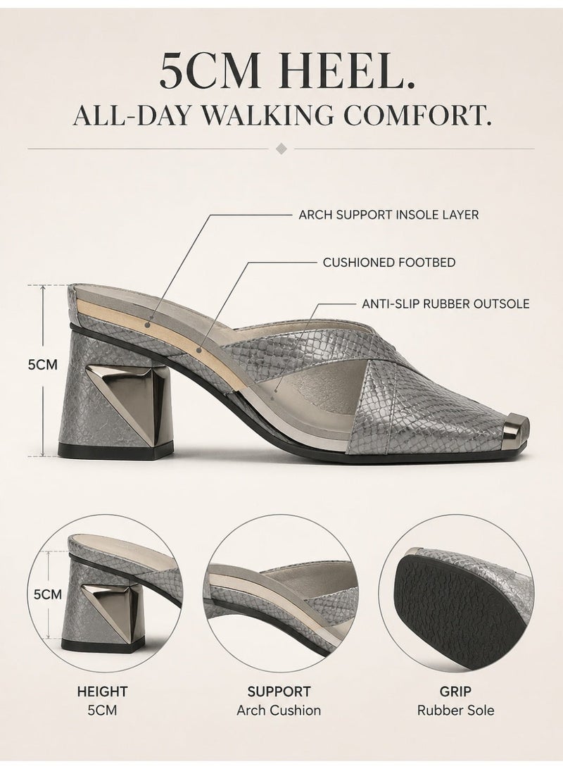 Women’s French-style sandals, elegant metallic-effect sandals, 5cm mid-heel sandals, stylish chunky-heeled commuter sandals, summer closed-toe flip-flops, grey - Image 5