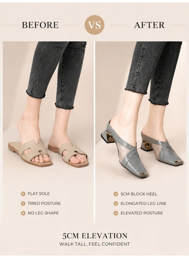 Women’s French-style sandals, elegant metallic-effect sandals, 5cm mid-heel sandals, stylish chunky-heeled commuter sandals, summer closed-toe flip-flops, grey - Image 3