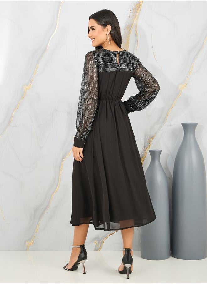 Styli - Sequin Detail Sleeves A-Line Midi Dress - Image 1