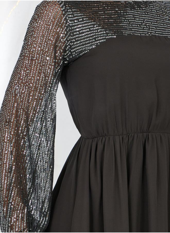 Styli - Sequin Detail Sleeves A-Line Midi Dress - Image 1