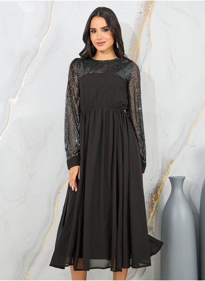 Styli - Sequin Detail Sleeves A-Line Midi Dress - Image 1