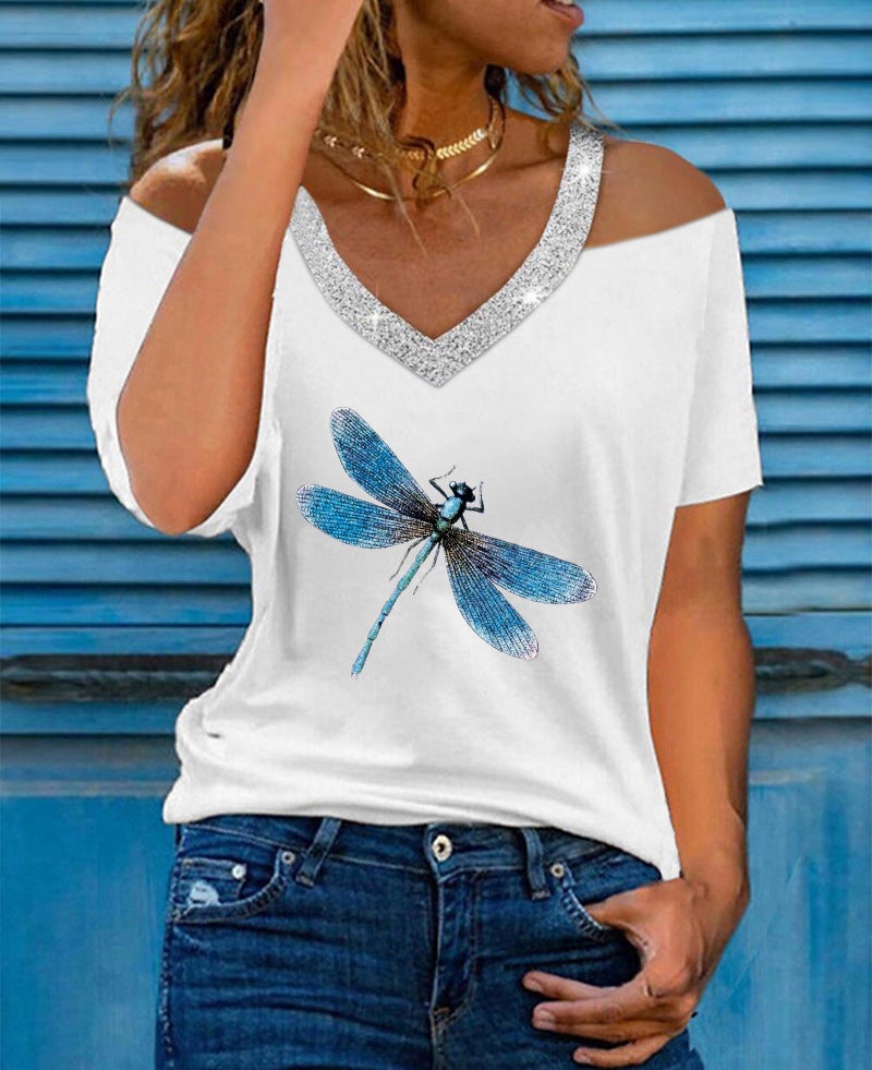 wish selling women's green dragonfly printed V-neck off-shoulder short sleeve loose casual T-shirt - Image 5