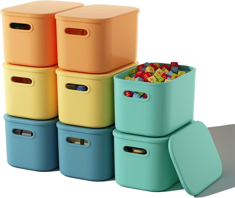 ORGIDOL 8 Pack Colorful Storage Bins with Lids Stackable Storage Container for Organizing, Storage Boxes with Handle for Shelves, Cute Storage Bin for Craft, Snacks, 9.85x6.9x5.7 inch - Image 1