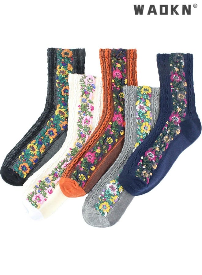 WAOKN 5 Pairs Women's Floral Design Vintage Crew Socks Ethnic Jacquard Knit Set , soft and comfortable , sweat-absorbing and odor-resistant , suitable for women , inclouding Red, Grey, Blue , White , Black . - Image 1