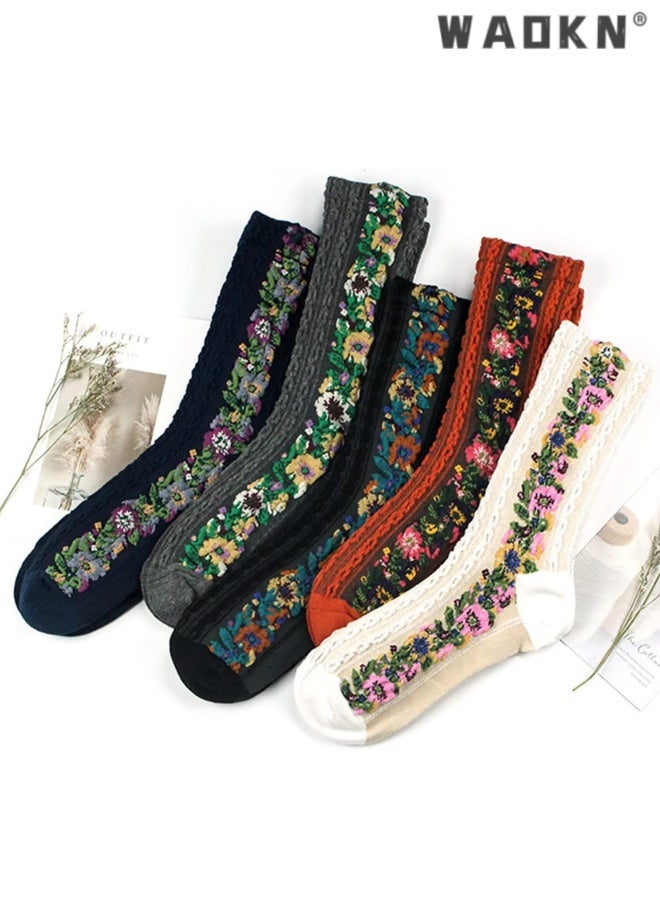 WAOKN 5 Pairs Women's Floral Design Vintage Crew Socks Ethnic Jacquard Knit Set , soft and comfortable , sweat-absorbing and odor-resistant , suitable for women , inclouding Red, Grey, Blue , White , Black . - Image 3
