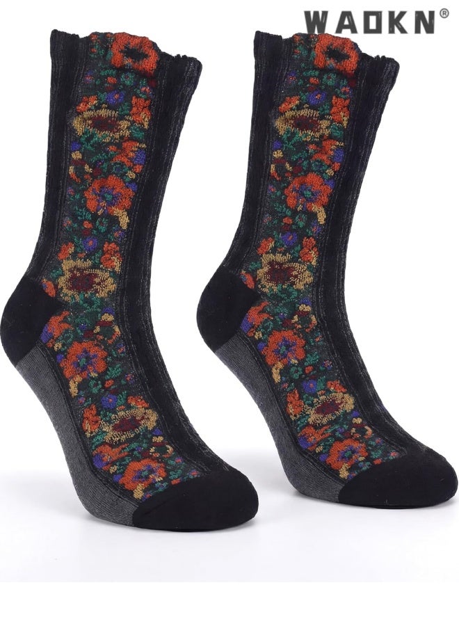 WAOKN 5 Pairs Women's Floral Design Vintage Crew Socks Ethnic Jacquard Knit Set , soft and comfortable , sweat-absorbing and odor-resistant , suitable for women , inclouding Red, Grey, Blue , White , Black . - Image 2